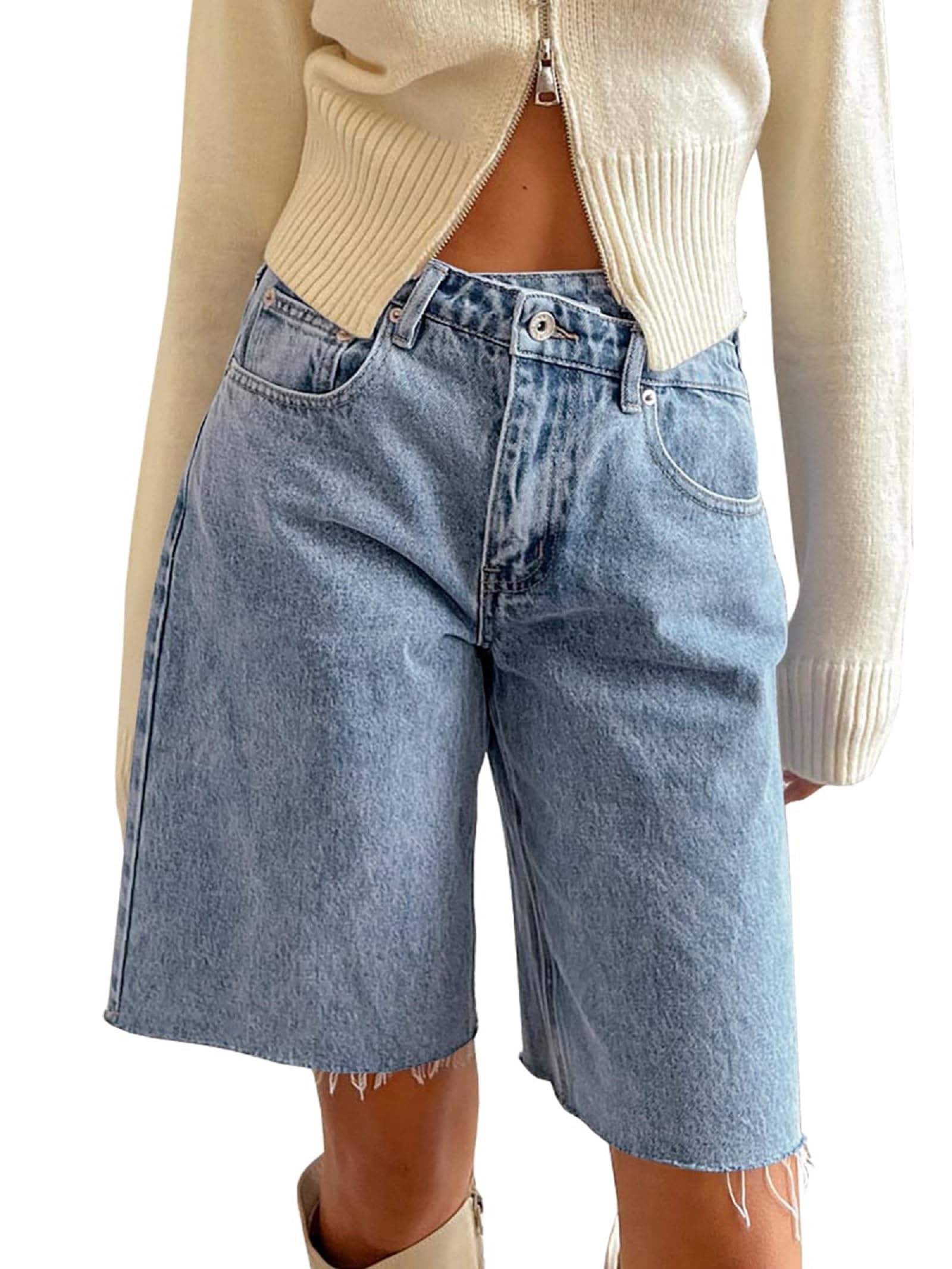 Women's Oversized Bermuda Denim Shorts - High Waisted Knee Length Loose Fit Jean Shorts for Summer | Trendy Casual Wear, Beach Outfits & Street Style Fashion