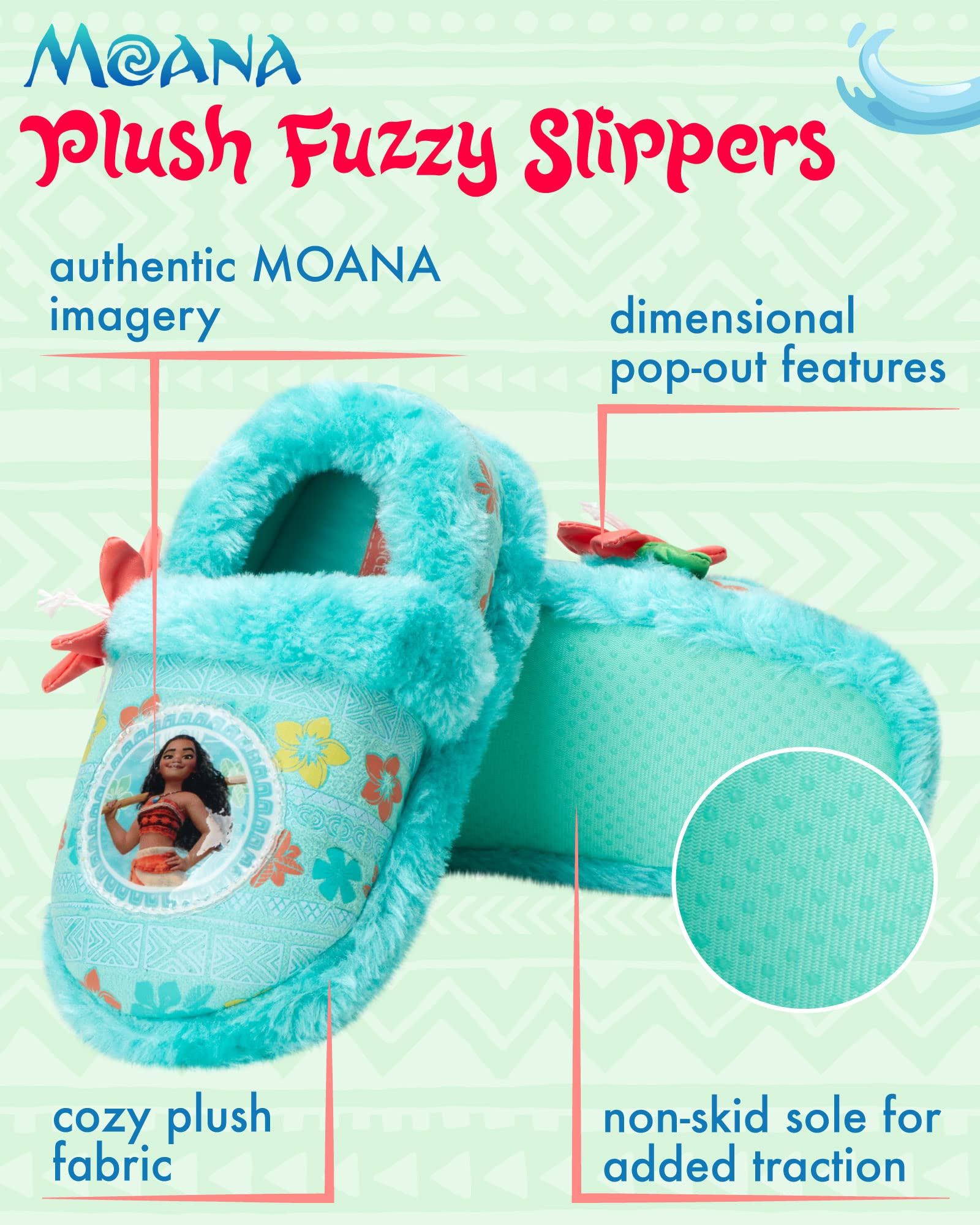 Disney Moana Princess Plush Fuzzy Slippers for Toddler & Little Girl - Soft & Comfortable House Shoes for Kids Indoor/Outdoor Wear - Perfect for Playtime, Bedtime & Cosplay