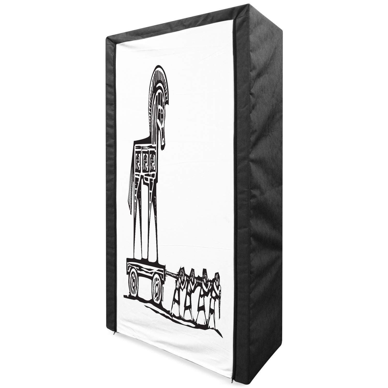 Ambesonne Odyssey Portable Fabric Wardrobe with Shelves - Monochromatic Greek Historical Wooden Horse Troy Design - 33.5 Inch Clothing Organizer & Storage Closet in Charcoal Grey & White - Perfect for Bedroom, Dorm, or Small Space Organization
