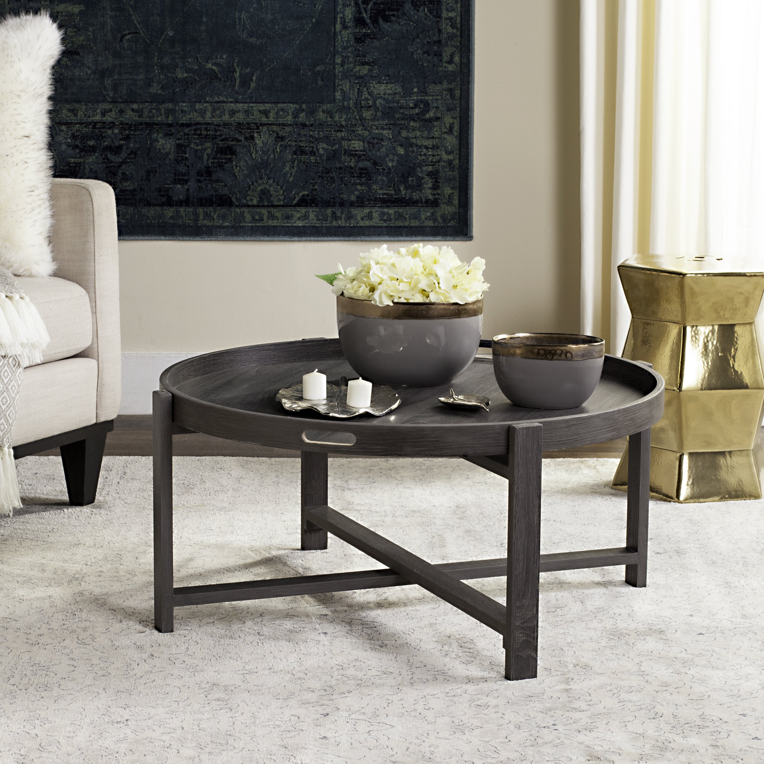 SAFAVIEH Home Collection Cursten Retro Wood Tray Top Coffee Table - Dark Grey - Vintage Style Living Room Furniture for Small Spaces & Modern Home Decor