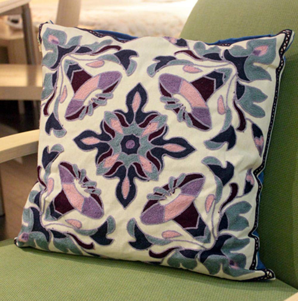 Handmade Embroidery Sofa Pillow Cushion - 18x18 Inch (45x45cm) - Floral Morning Glory Design for Living Room, Bed, Office & Car Backrest Support
