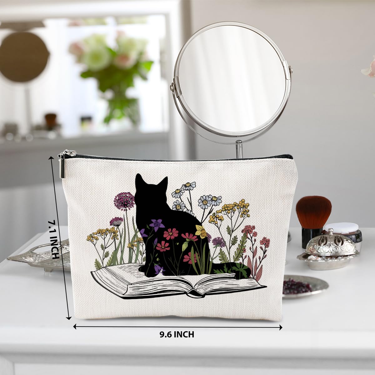 **Elegant Floral Cat Makeup Bag - Perfect Gift for Cat Lovers, Book Enthusiasts & Moms - Ideal for Travel, Cosmetics & Toiletries - Great for Christmas, Thanksgiving & Birthdays**