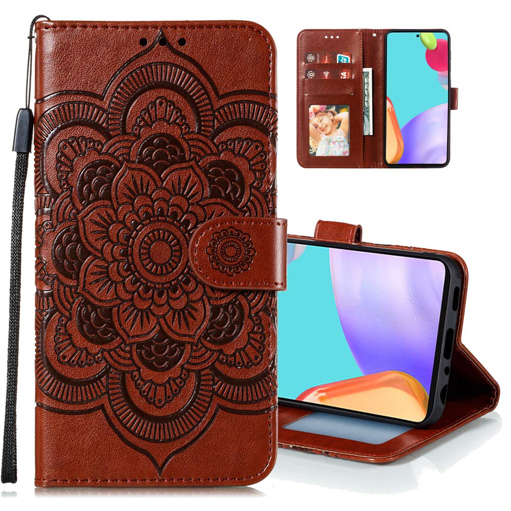 Premium Leather Wallet Case for Motorola Moto E 2020 - Slim Flip Cover with Magnetic Closure, Card Holder & Stand Function | Mandala Brown Embossed Design | Perfect for Daily Use, Business Travel & Hands-Free Viewing