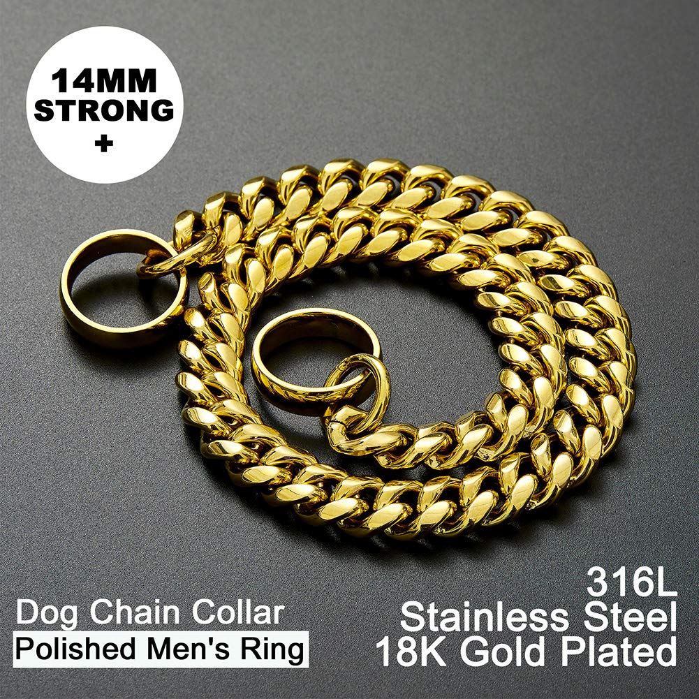 18K Gold Over Stainless Steel Heavy Duty Martingale Dog Collar - 14MM Cuban Link Chain for Large Breeds (12