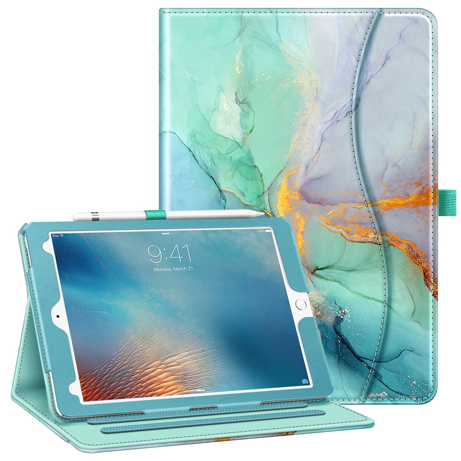 Fintie Protective Case for iPad Pro 9.7 Inch (2016 Model) - Slim Folio Cover with Corner Protection, Multi-Angle Stand, Built-in Pencil Holder & Auto Wake/Sleep Function - Emerald Marble Design - Perfect for Work, Study & Travel