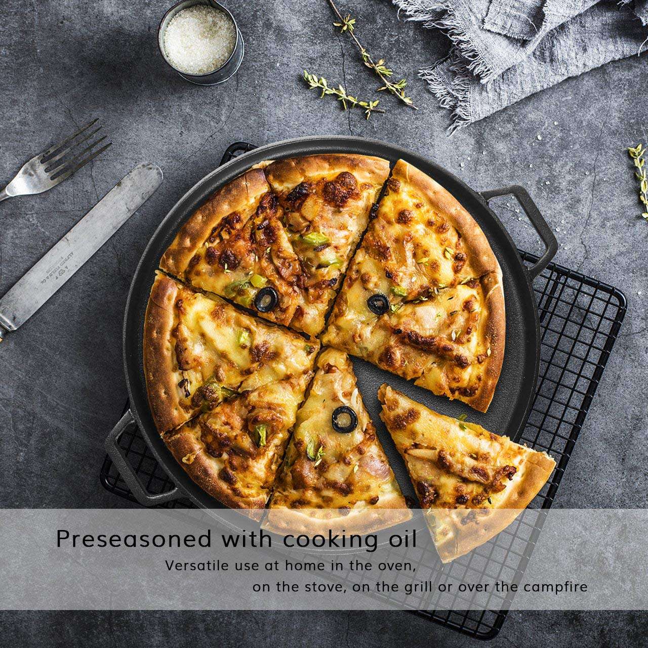 13.5 Inch Pre-Seasoned Cast Iron Pizza Pan - 35cm Round Baking Griddle for Stove, Oven, Grill & Campfire - Perfect for Homemade Pizza, Bread, Steak & Outdoor Cooking