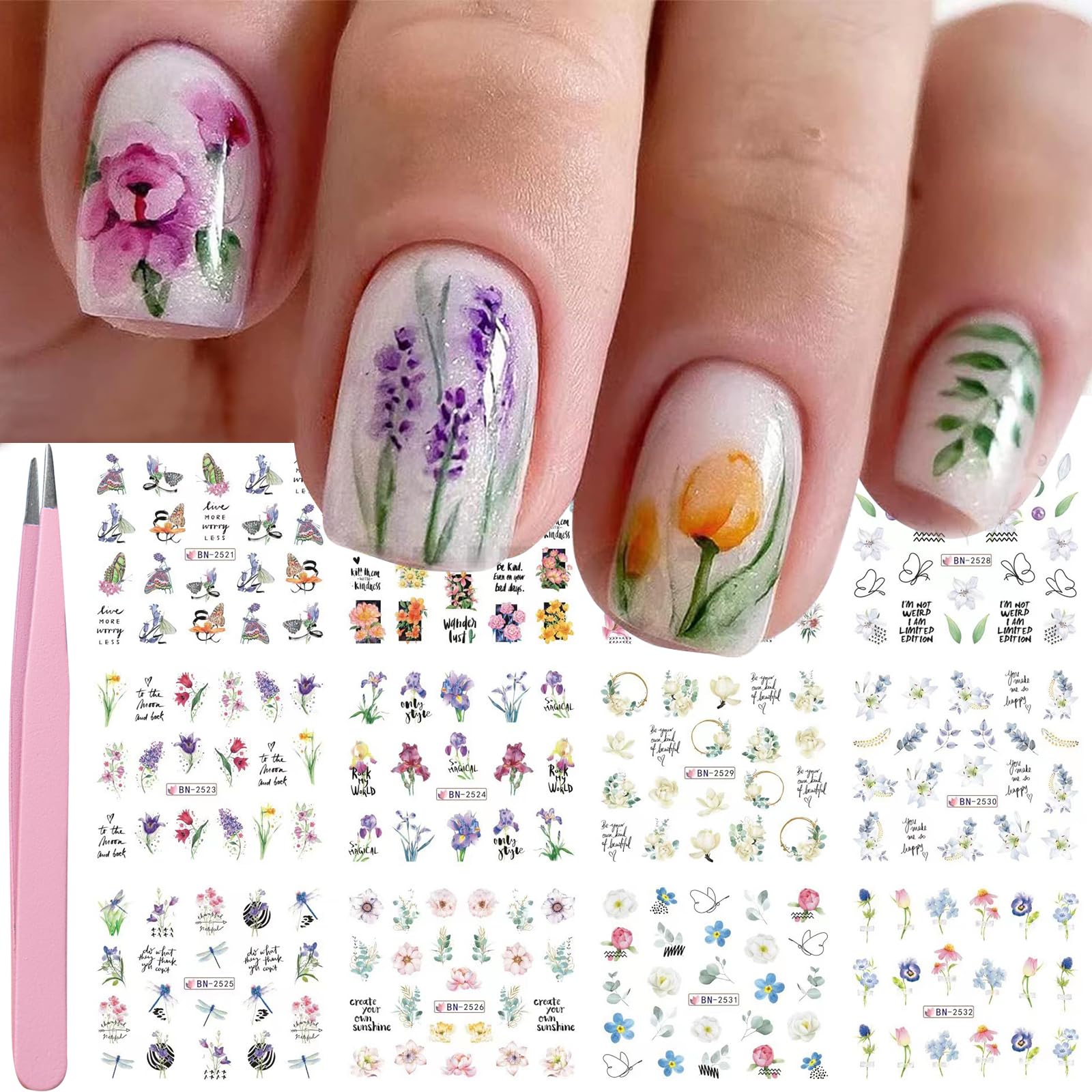Summer Lily & Orchid Butterfly Dragonfly Nail Art Stickers - Water Transfer Nail Decals for Women | Colorful Floral Nail Decorations | Perfect for Manicures, Pedicures & Nail Art Designs