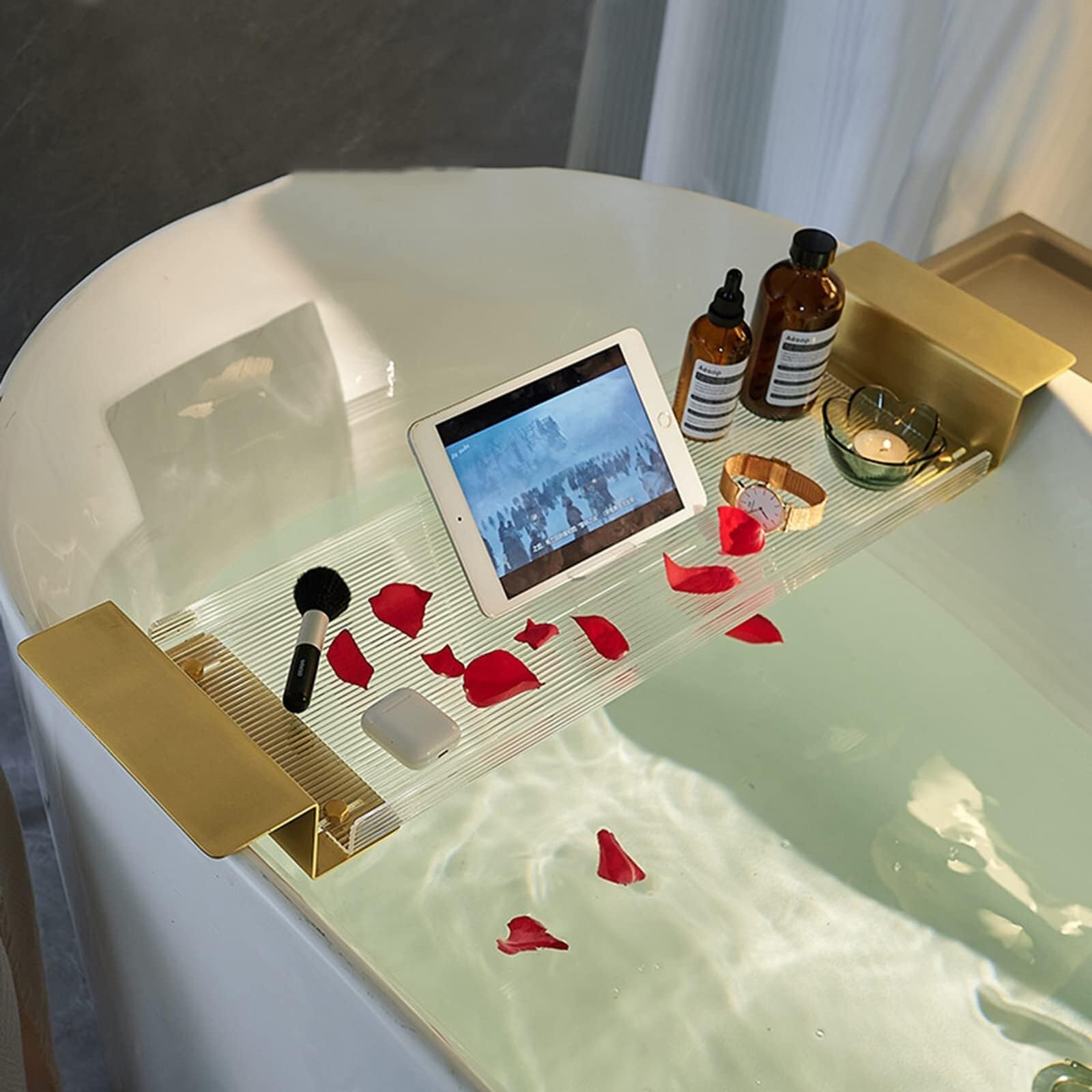 **Expandable Clear Acrylic Bathtub Caddy Tray with Non-Slip Handles - Reading Rack, Tablet Holder & Bath Serving Tray - Perfect for Relaxing Baths, Spa Days & Wine Nights**