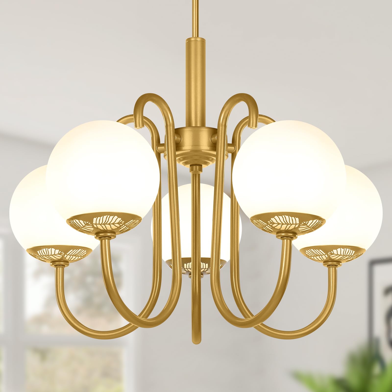 BesLowe Gold Chandelier - 5-Light Mid Century Modern Brass Chandelier for Dining Room, Kitchen Island & Living Room | Adjustable Height Globe Ceiling Light Fixture | Perfect for Entryway, Foyer & Home Decor