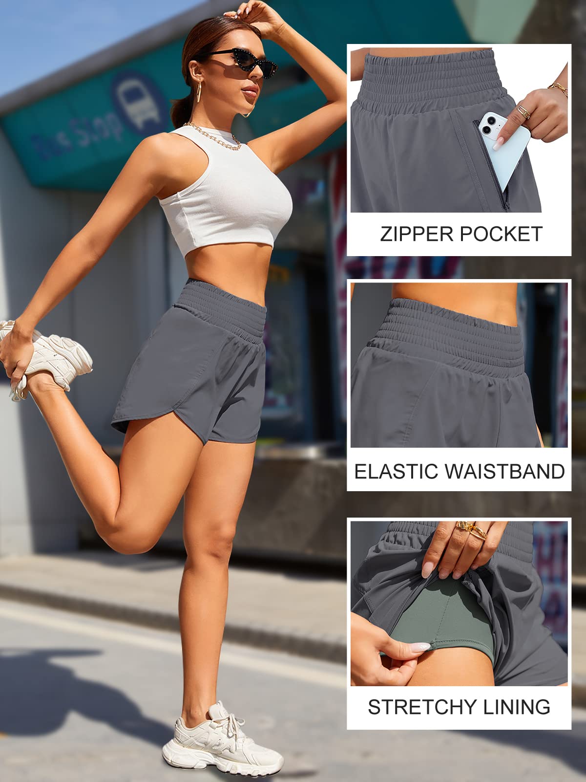 BMJL Women's High Waisted Athletic Shorts with Pockets - Breathable Running Shorts for Gym, Workout & Yoga - Elastic Waistband Sports Shorts for Women's Activewear