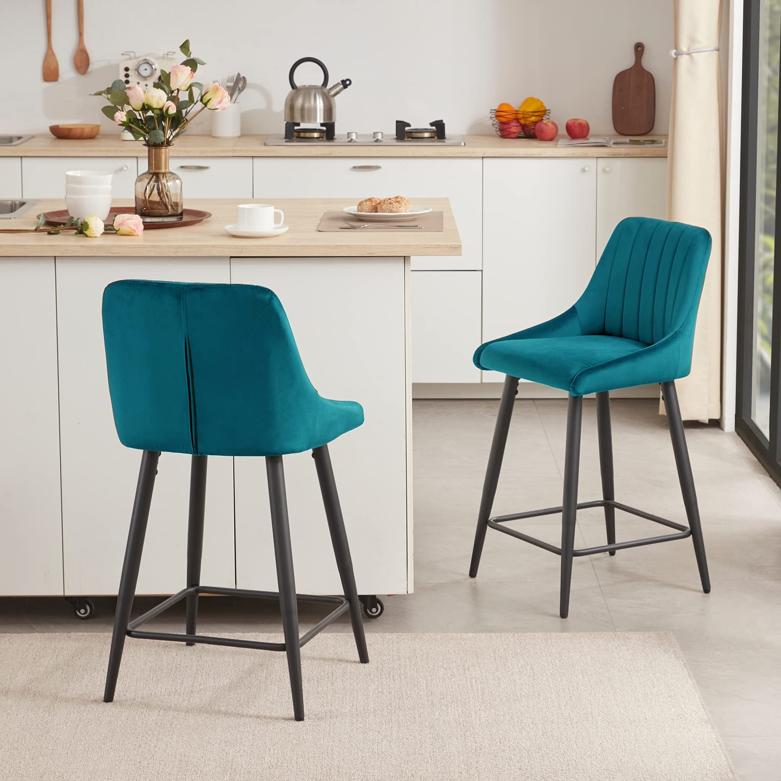 DUHOME 2-Pack Velvet Counter Height Bar Stools with Backrest & Footrest - Upholstered Kitchen Stools for Dining, Home Bar - Atrovirens Green - Perfect for Breakfast Nooks, Kitchen Islands & Small Space Entertaining