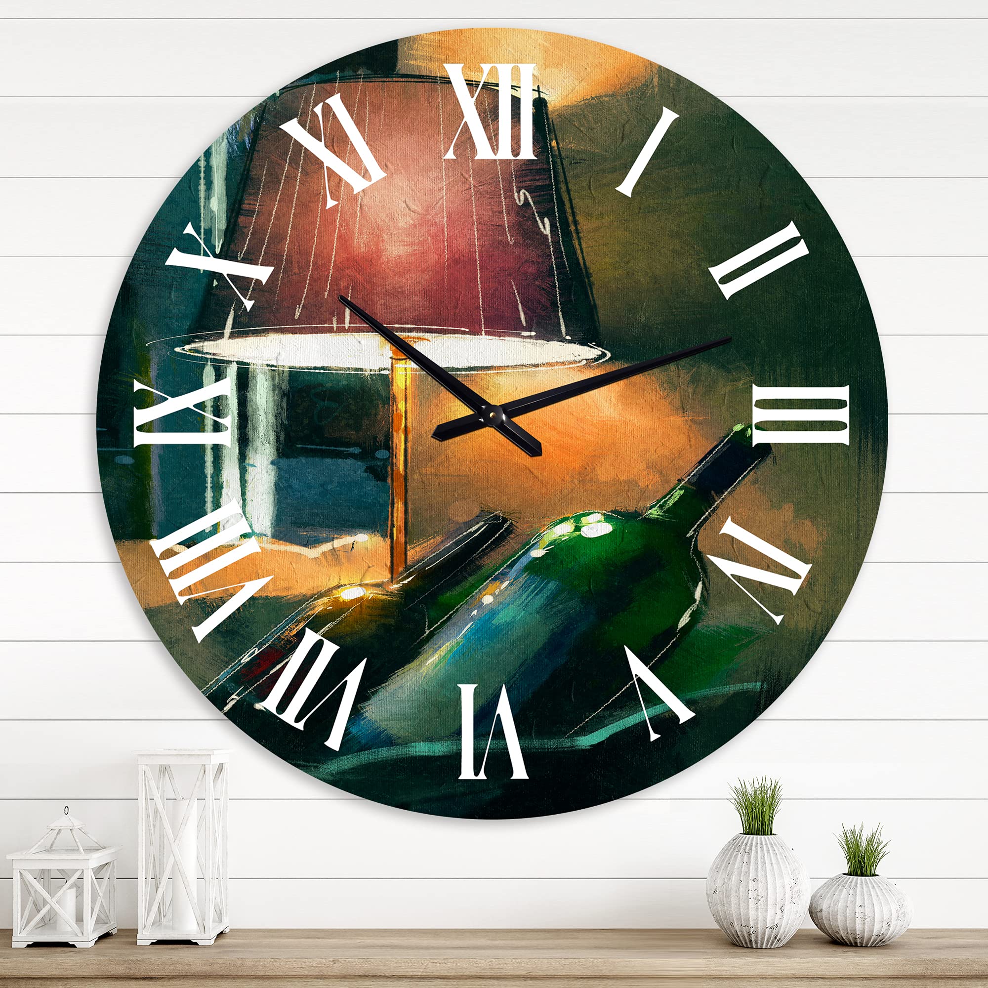 DesignQ Modern Wall Clock - Wine Bottles & Lamp Glowing Orange at Night - Large Food & Beverage Themed Wall Art for Living Room, Kitchen, Bar Decor - Perfect for Home, Office & Restaurant Interior Design