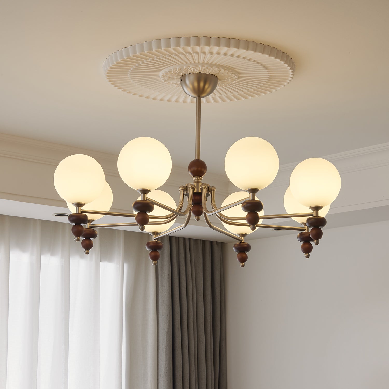 Celestial Sphere Walnut Wood Chandelier - Elegant Handcrafted Lighting Fixture for Dining Room, Bedroom, or Living Room Decor