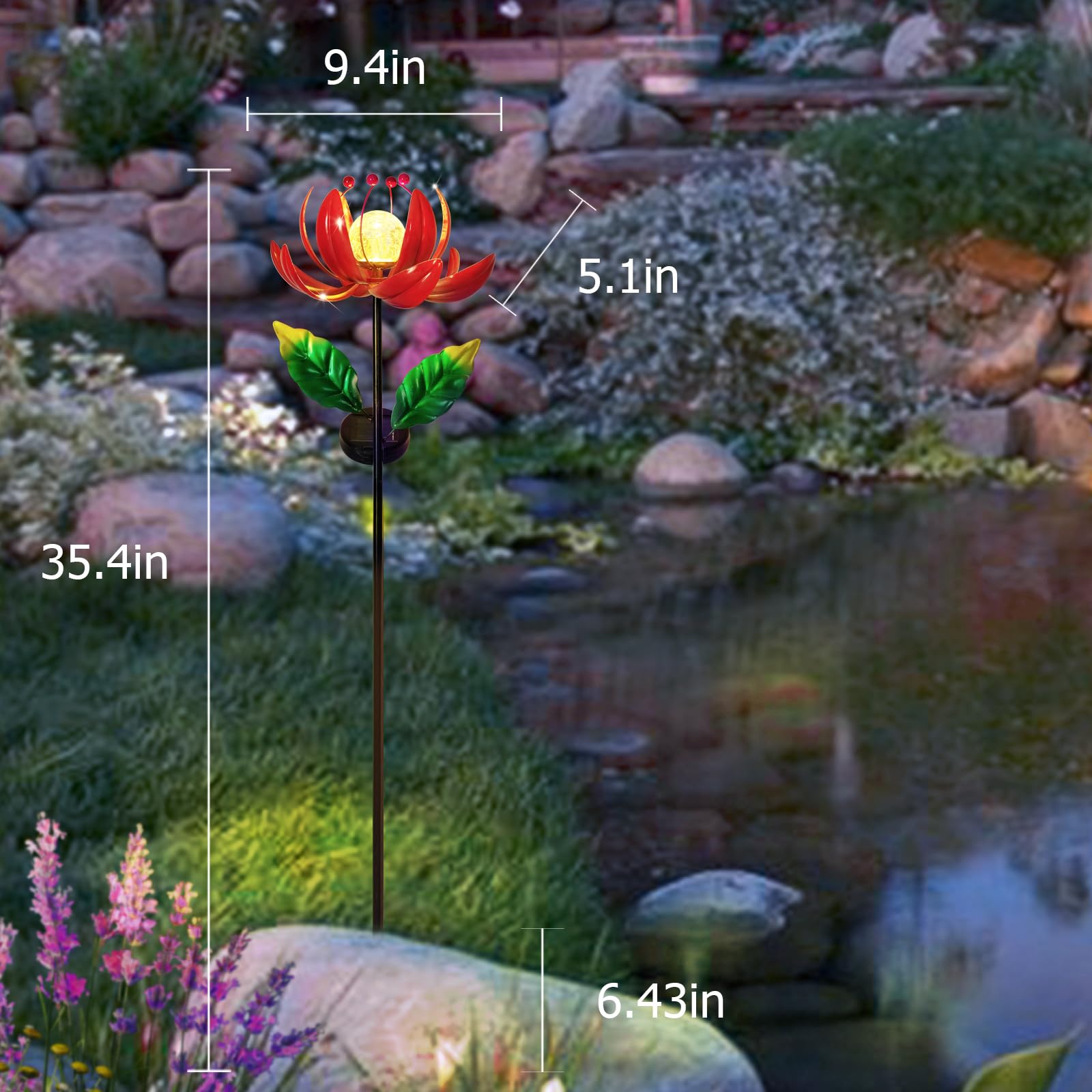 Solar Powered Outdoor Wind Spinner - Metal Lotus Flower Garden Decor with Waterproof LED Crackle Glass Globe for Patio, Lawn & Yard | Perfect for Backyard, Pathway & Landscape Lighting at Night