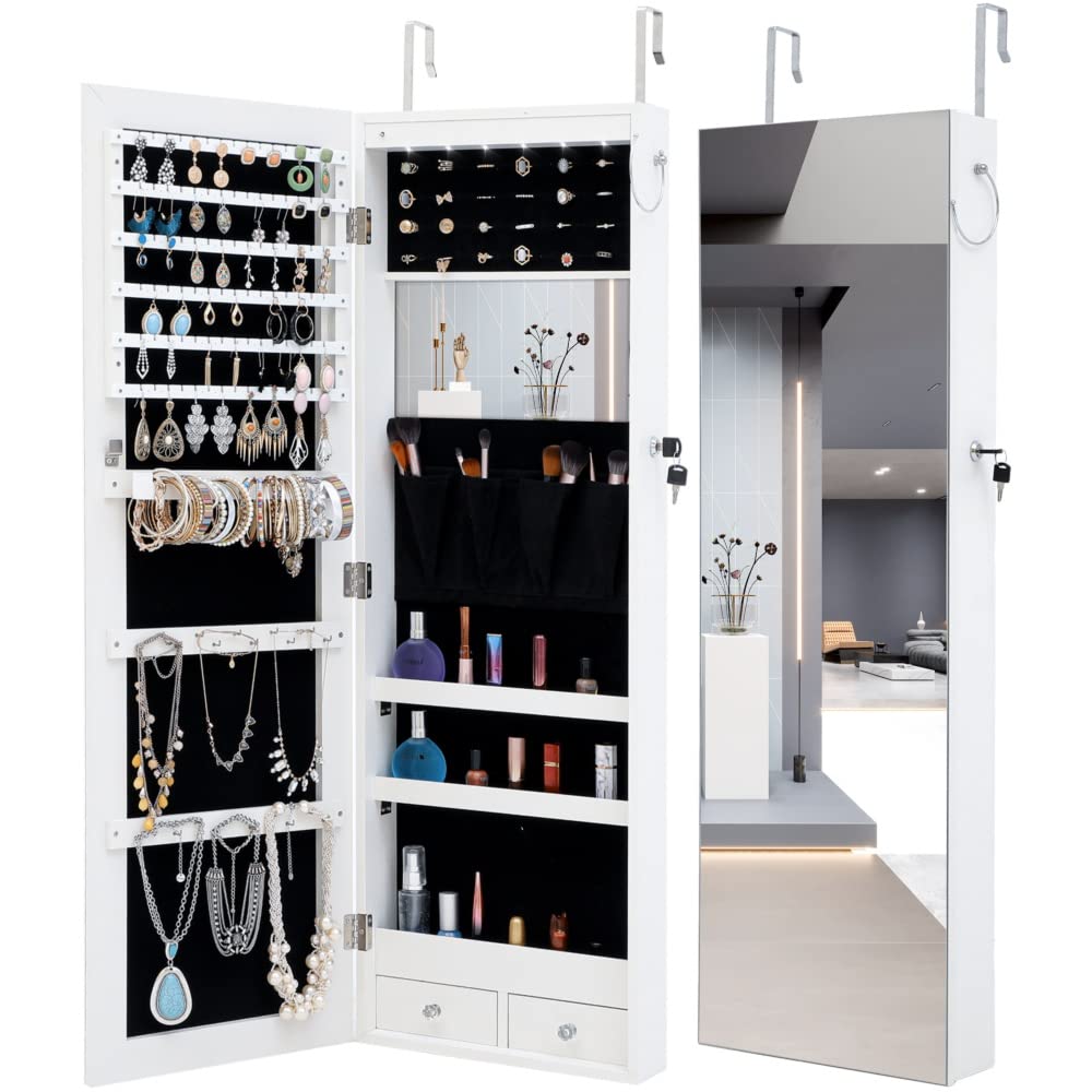 NYCSUOANI Fashion Jewelry Storage Mirror Cabinet with LED Lights - Elegant Vanity Organizer for Necklaces, Rings & Earrings - Perfect for Bedroom, Living Room & Dressing Room Decor