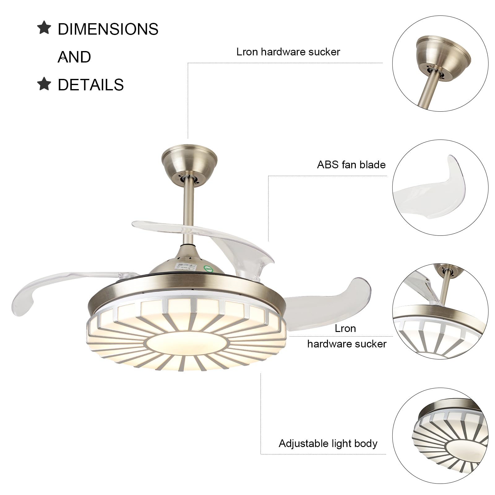 42'' Retractable LED Ceiling Fan with Light - 3 Color & 3 Speed Adjustable, Remote Control, Modern Acrylic Design, Ultra Quiet - Perfect for Bedroom, Living Room, Dining Room - Energy Efficient Cooling & Stylish Lighting Solution
