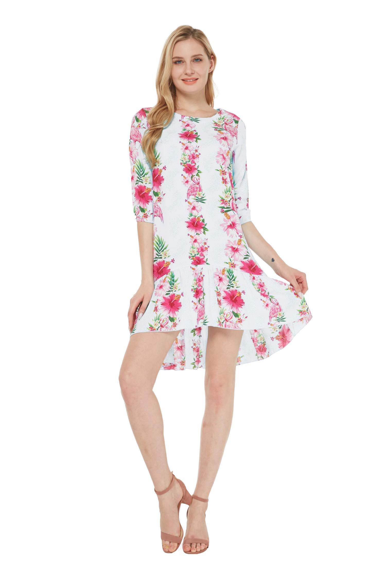 Matching Couple Hawaiian Luau Shirts & 3/4 Sleeve Ruffle Dress Set - Pink Hibiscus Vine Print for Beach Vacation, Summer Party, and Tropical Theme Date Night