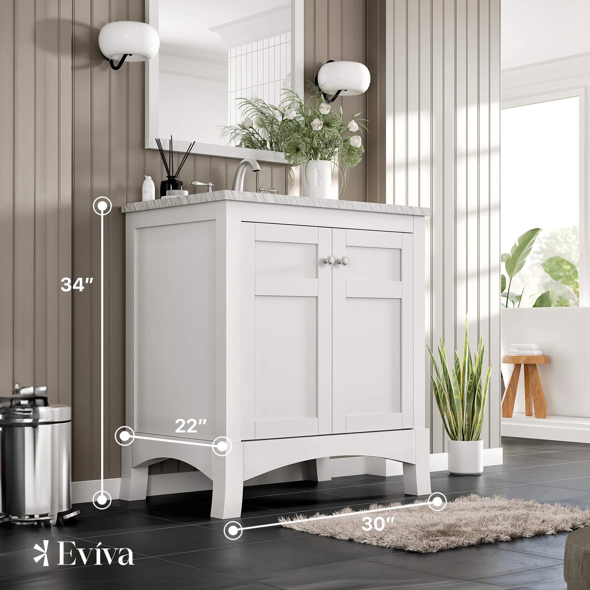 Eviva 30 Inch White Bathroom Vanity - Solid Wood Bathroom Sink Cabinet with Mirror, Modern Bathroom Vanity Set for Small Spaces | Perfect for Master Bath, Guest Bath & Apartment Renovation