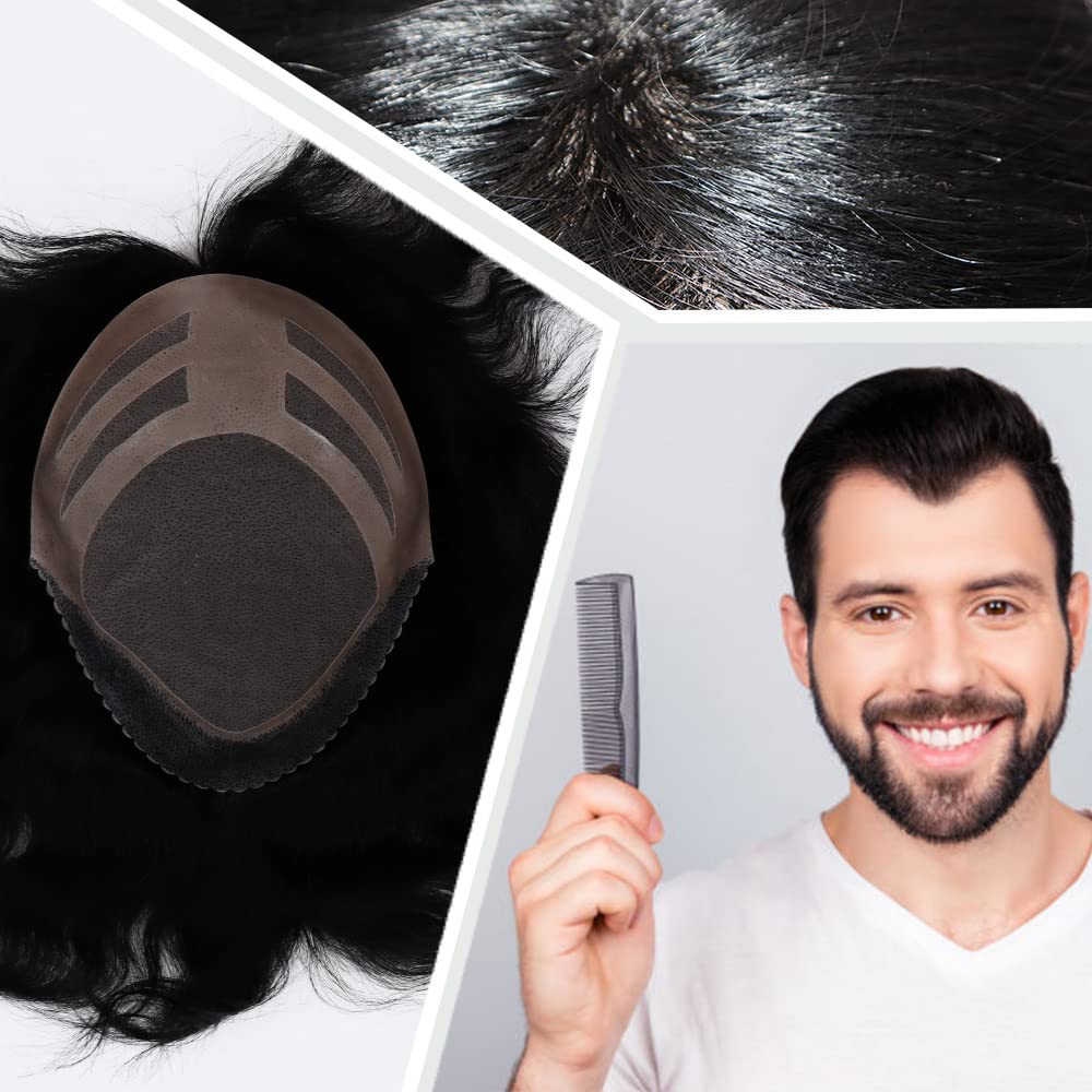 Premium European Virgin Human Hair Toupee for Men - Mono Lace Top with PU Base - Natural Looking Hair Replacement System (#1 Jet Black) - Perfect for Daily Wear, Special Occasions & Hair Loss Solutions
