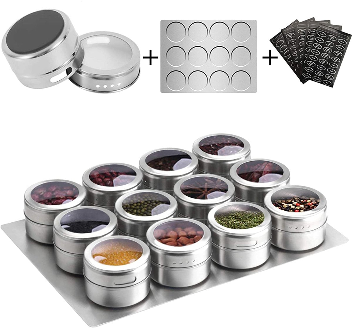 15-Piece Magnetic Spice Jars Set - Stainless Steel Wall Mounted Spice Tins with Strong Base | Perfect for Kitchen Organization, Pantry Storage & Easy Spice Access While Cooking