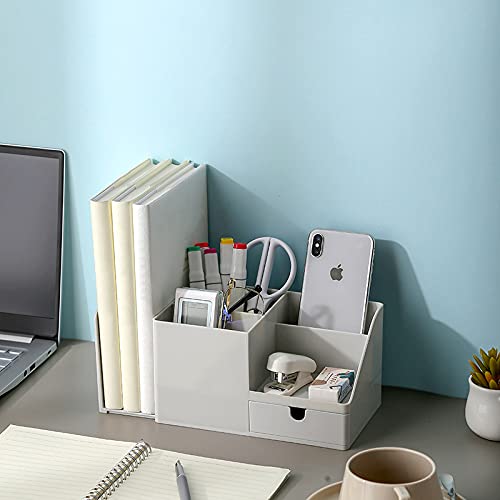 White Multifunctional Desk Organizer with Bookshelf & Drawer - Office Stationery & Makeup Storage Box, Small Grey - Perfect for Home Office, Study & Workspace Organization