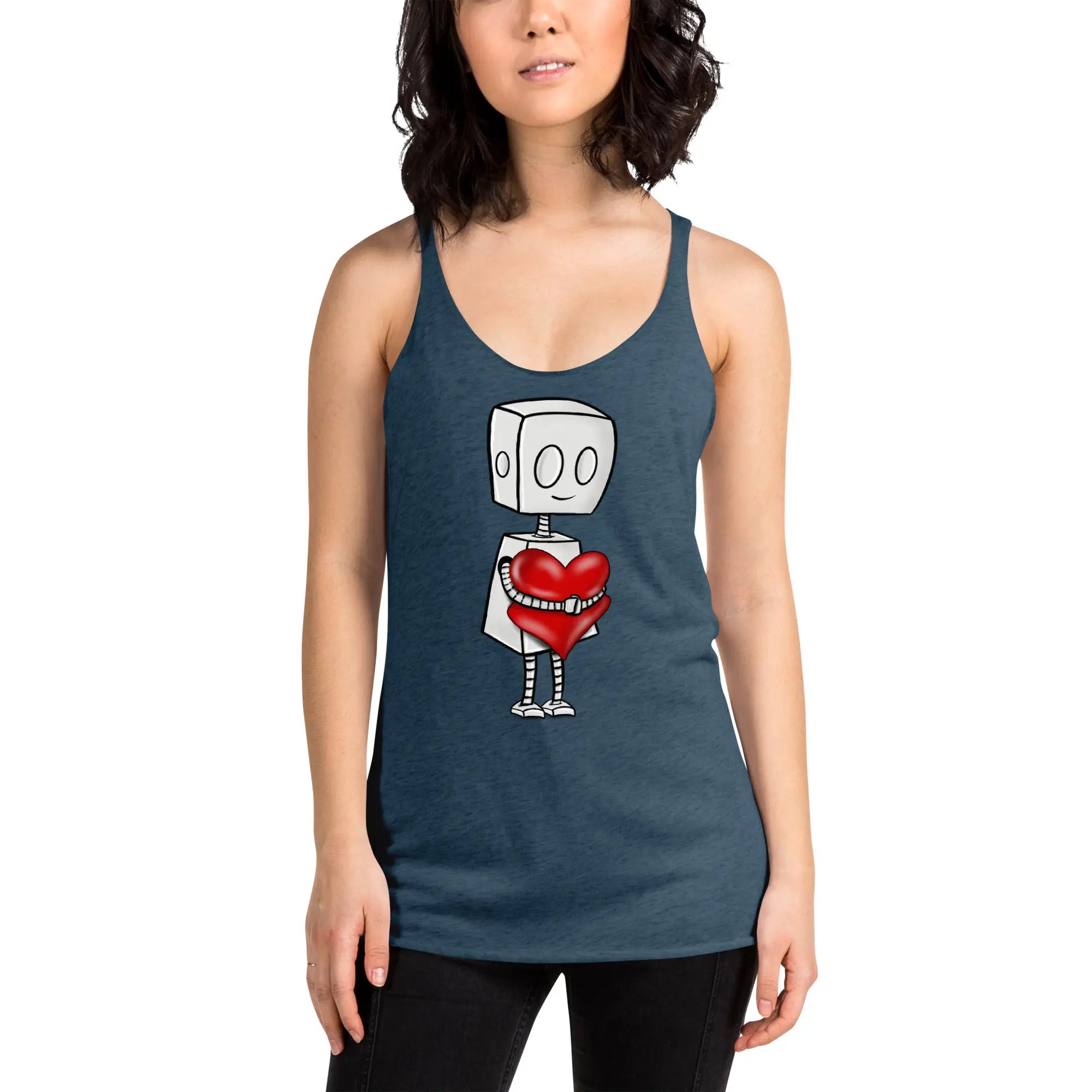 Adorable Robot Racerback Tank Top for Women - Cute Graphic Tee (Tender Heart Version) | Trendy Summer Casual Wear, Gym Outfit & Street Fashion