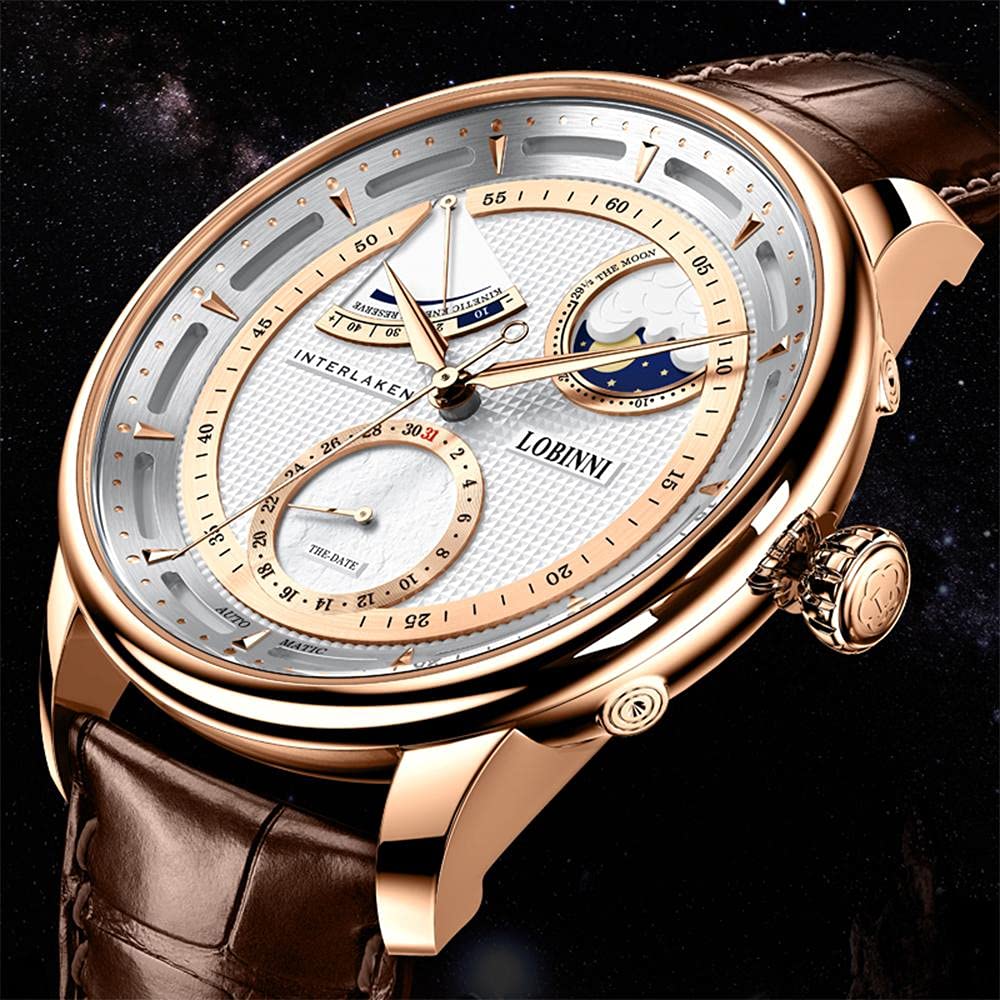 LOBINNI Men's Moon Phase Automatic Mechanical Watch - Waterproof Luxury Dress Wristwatch for Business & Formal Occasions