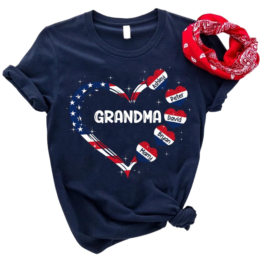 Custom Grandma Shirt with Kids Names - Patriotic 4th of July Apparel for Mothers Day & Independence Day | Family Reunions, BBQ Parties & Holiday Celebrations