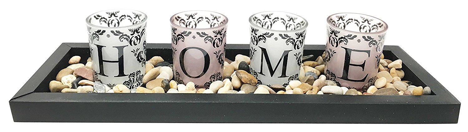 Beautiful Inspirational Home Block Letters Candle Holder Set with Pebble Stones - 4 Piece Decorative Tray for Serene Ambiance | Perfect for Living Room, Bedroom, and Wedding Decor