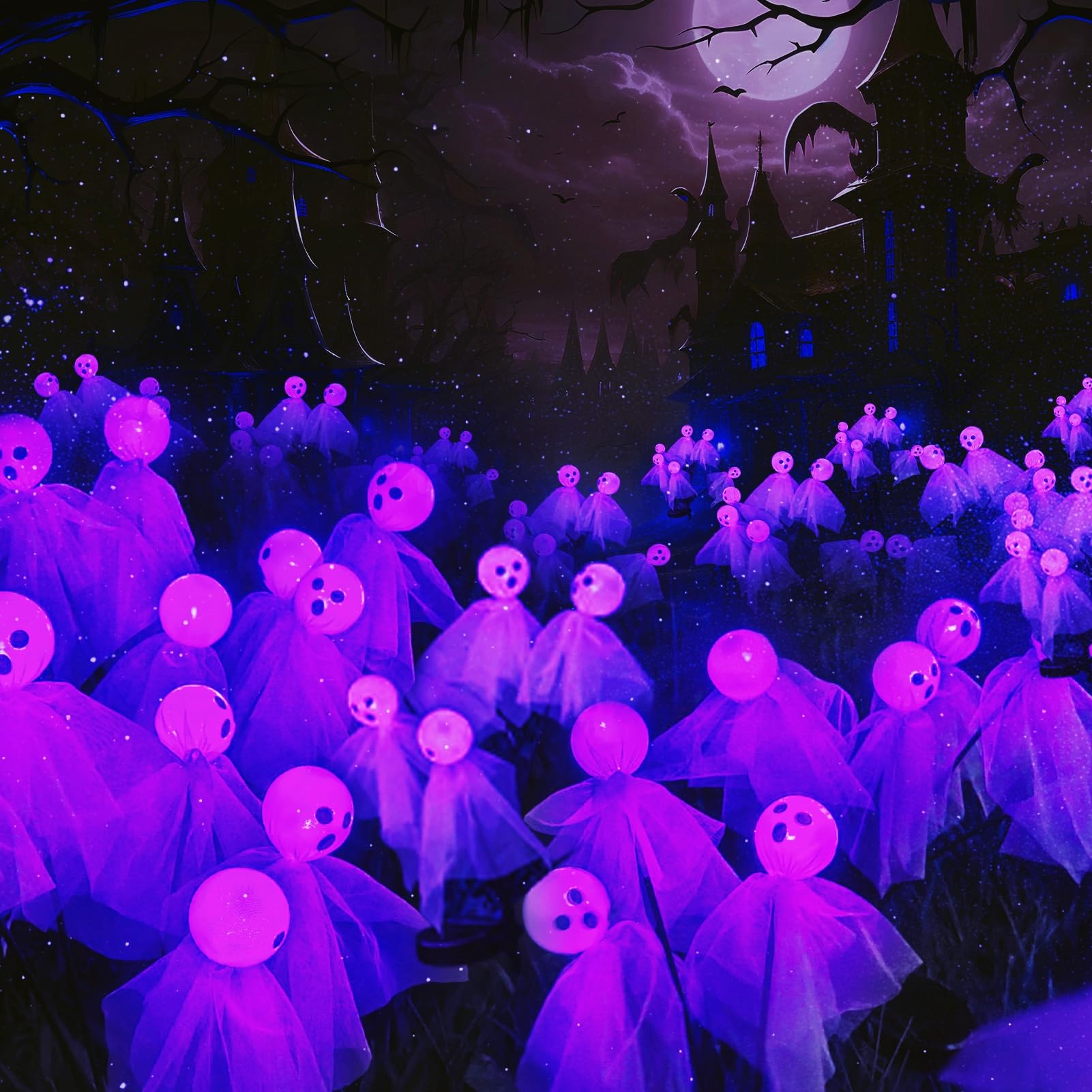2 Pack Halloween Solar Lights Outdoor - 12 LED Scary Ghost & Swaying Firefly Pathway Lights, Waterproof Purple Halloween Decorations for Garden, Yard, Lawn - Perfect for Halloween Party & Spooky Pathway Lighting