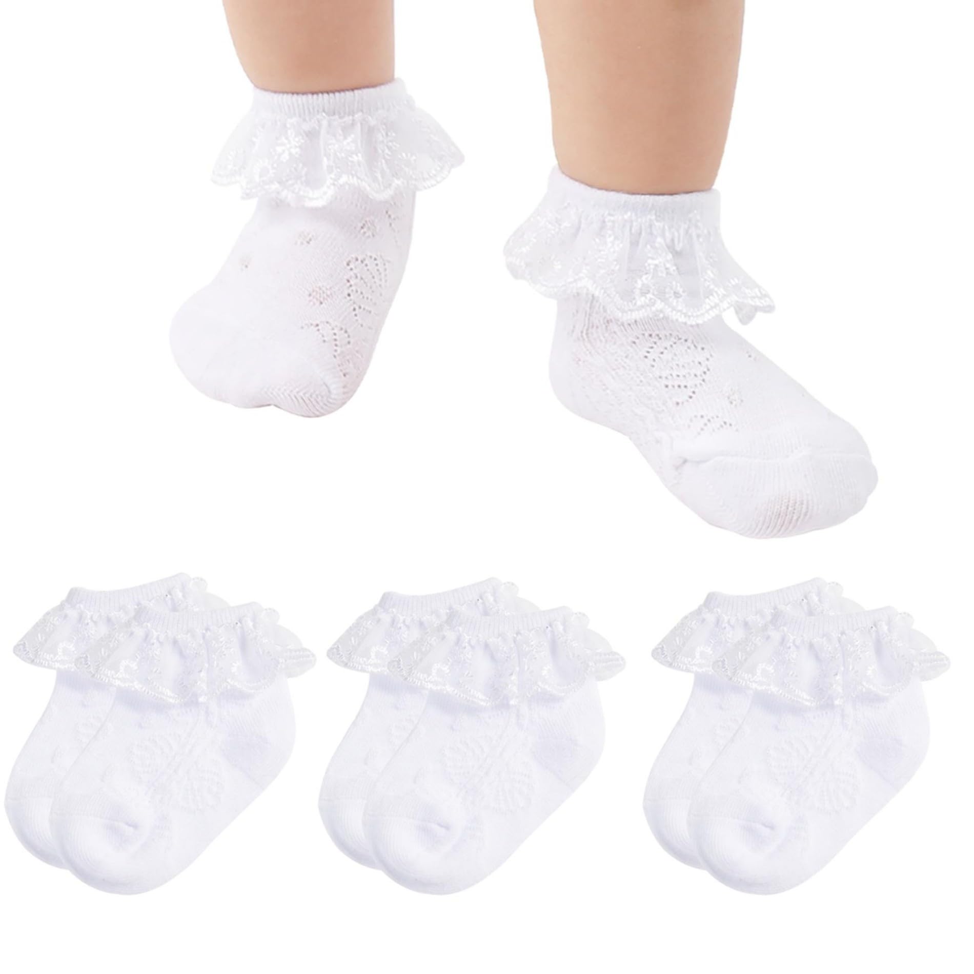 Adorable Baby Girls Ruffle Eyelet Lace Socks - Soft White Frilly Dress Socks for Newborns & Infants - Perfect for Special Occasions, Photo Shoots & Everyday Outfits