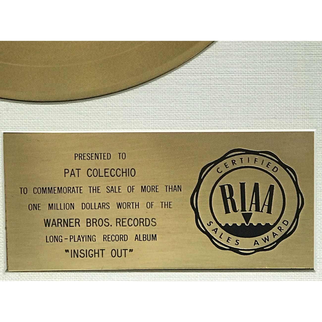 Rare RIAA Gold Album Award - The Association Insight Out White Matte - Collectible Music Memorabilia for Fans & Display