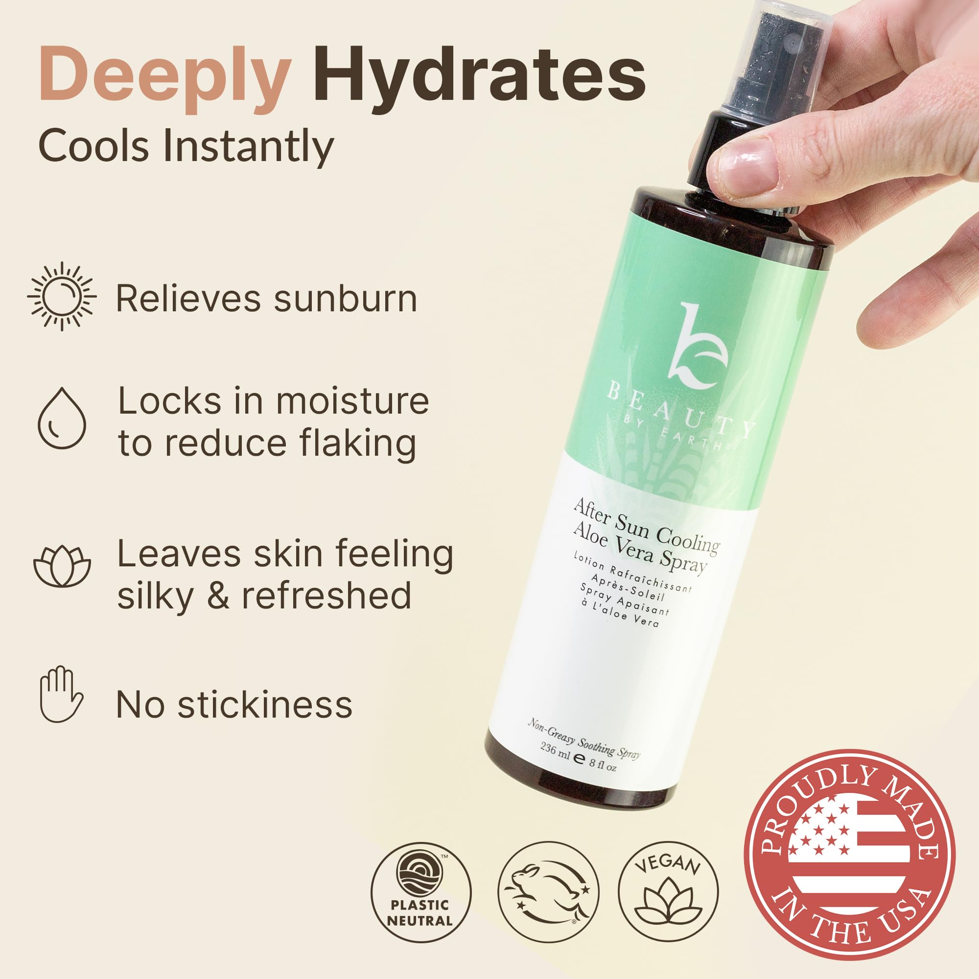 Organic Aloe Vera After Sun Cooling Spray by Beauty by Earth - USA Made, Fast Absorbing Sunburn Relief & Skin Hydration for Body | Perfect for Post-Sun Exposure, Beach Days & Outdoor Activities
