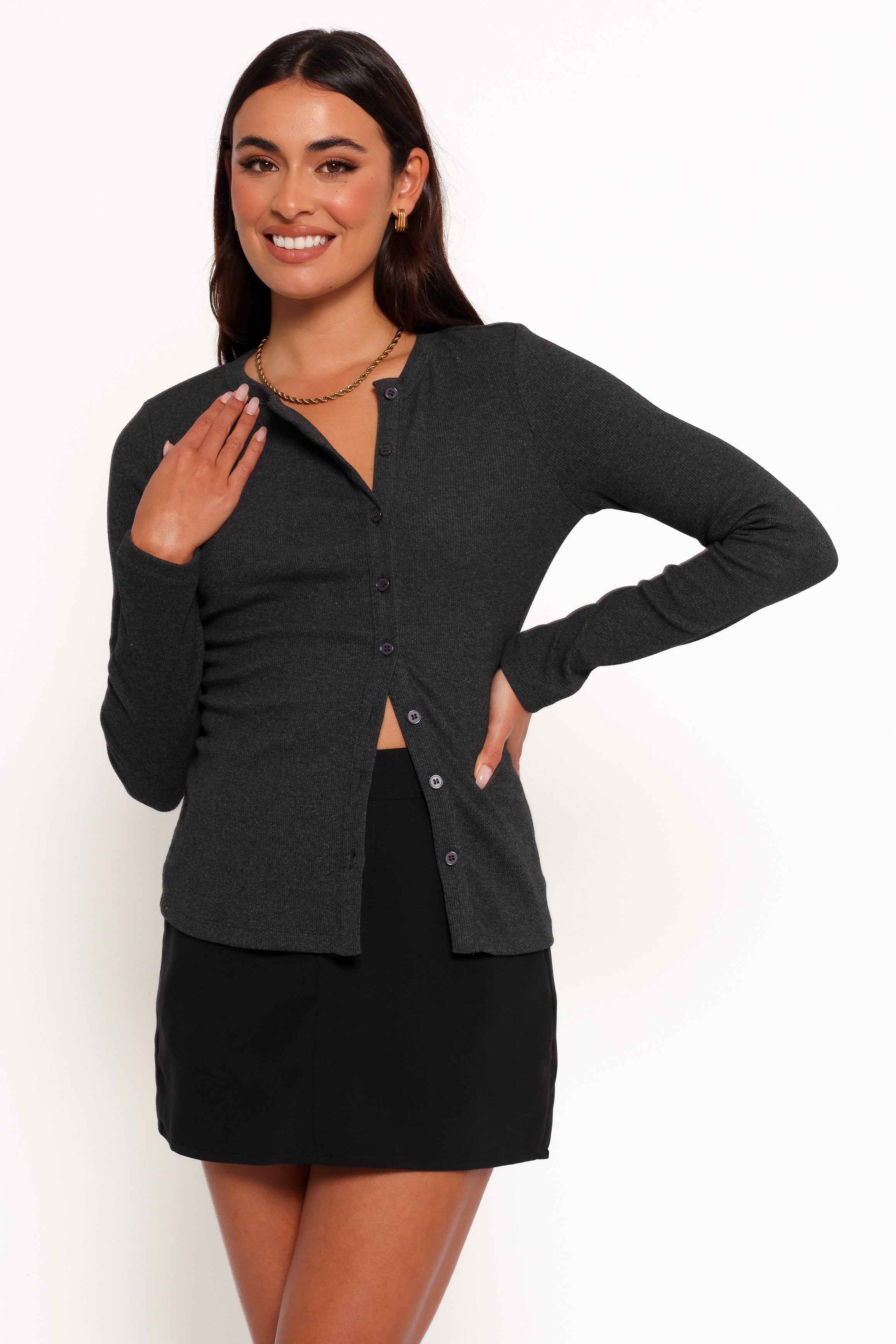 Jessa Knit Top Women's Casual Long Sleeve T-Shirt Charcoal Gray - Perfect for Work, Date Night & Everyday Wear