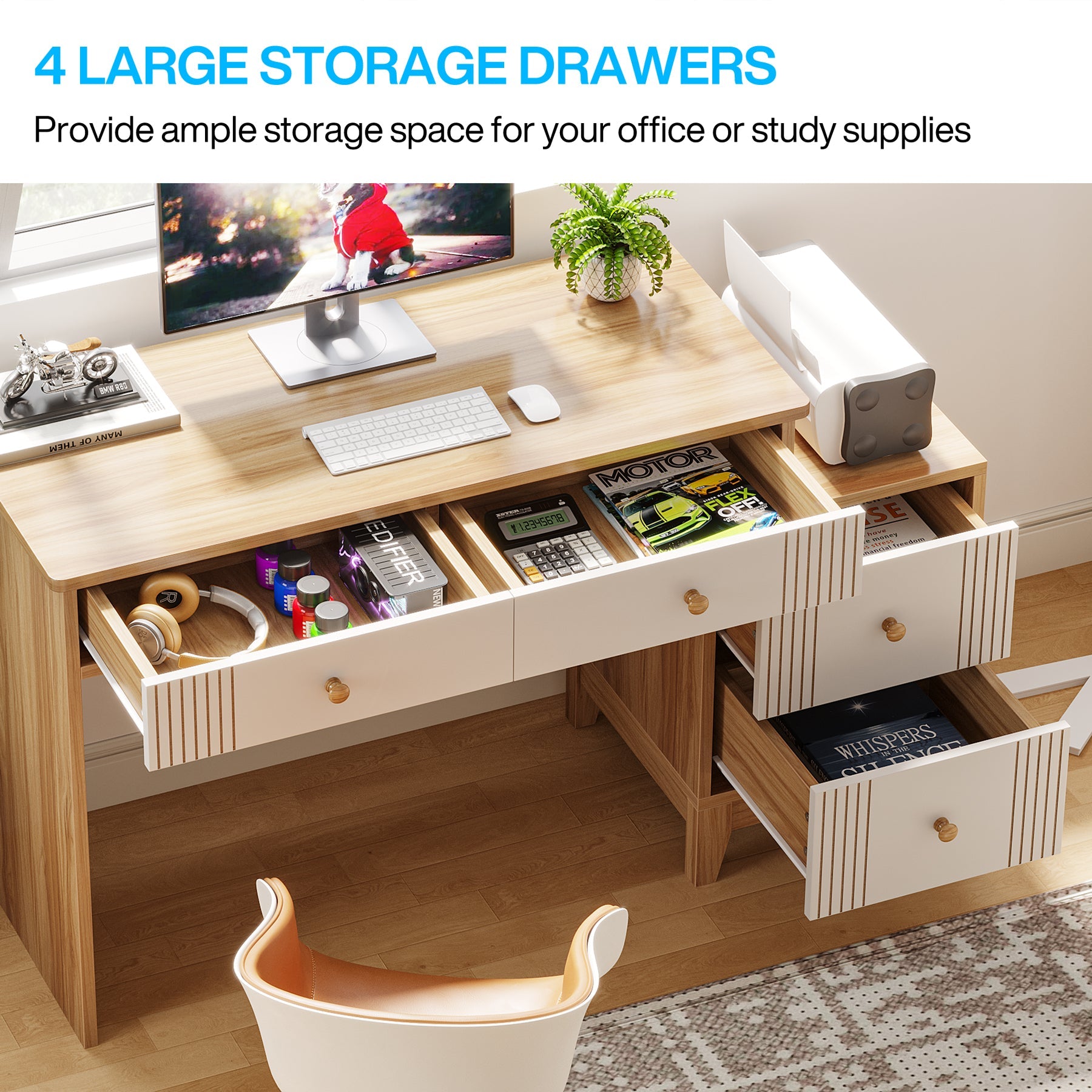 4 Drawer Computer Desk - Sturdy Wooden Study Writing Table with Storage Shelf, Home Office Desk for Work & Study - Perfect for Small Spaces & Dorm Rooms