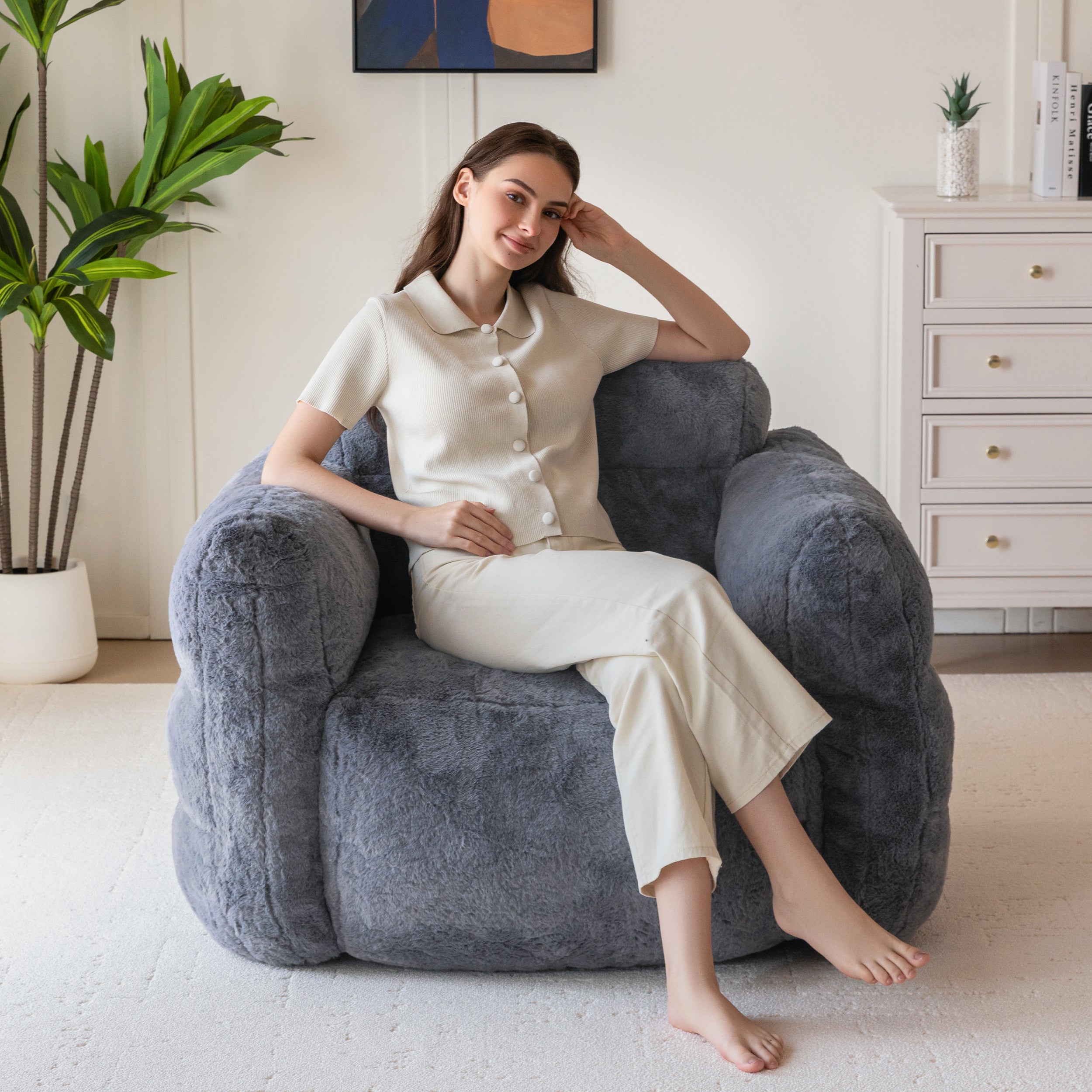 MAXYOYO Giant Bean Bag Chair for Adults - Ultra Soft Fluffy Oversized Floor Sofa | Cozy Reading Chair with Filler for Living Room & Bedroom | Dark Grey | Perfect for Lounging, Gaming & Relaxation