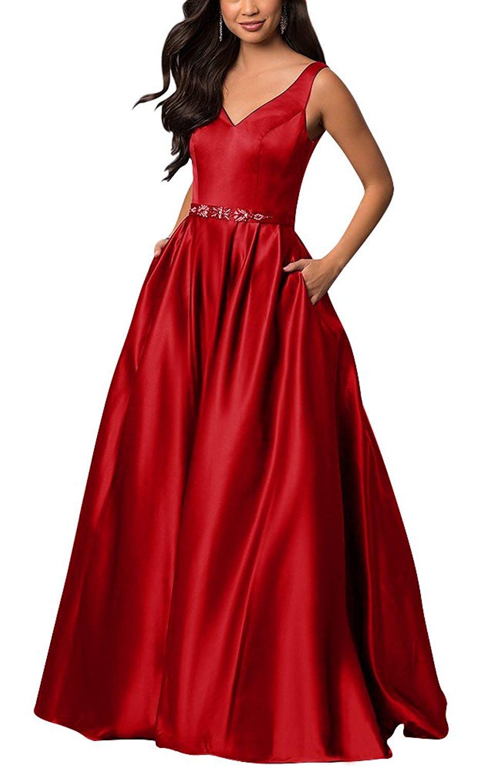 Elegant Long V-Neck Beaded Satin Prom Dresses for Evening Party - Formal Gowns with Pockets | Perfect for Homecoming, Wedding Guest & Special Occasions