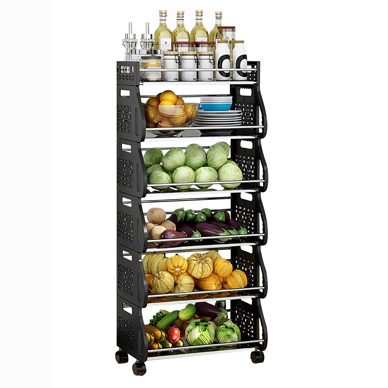 2/3/4/5/6 Tier Rolling Stackable Metal Storage Organizer Cart - Adjustable Vegetable Fruit Basket with Wheels for Kitchen, Pantry, Closet, Bedroom, Bathroom & Garage - Perfect for Organizing Produce, Groceries & Household Items (6-Tier, 40cm/15.74in)