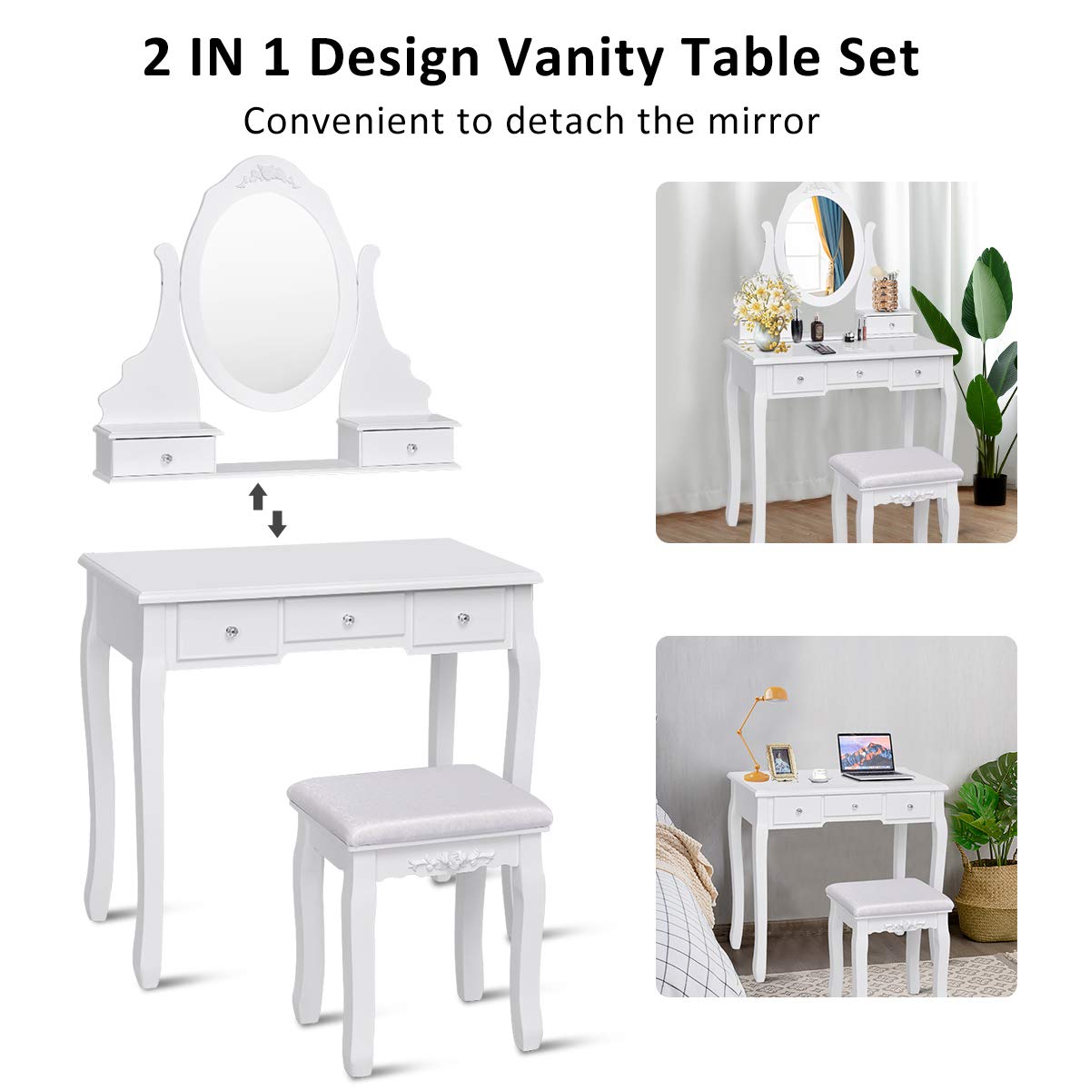 Giantex White Vanity Set with Oval Mirror & Cushioned Stool - 5-Drawer Makeup Dressing Table with Large Storage, Mirrored Bedroom Vanity for Women, Girls & Kids - Easy Assembly for Home, Bedroom & Beauty Room Decor