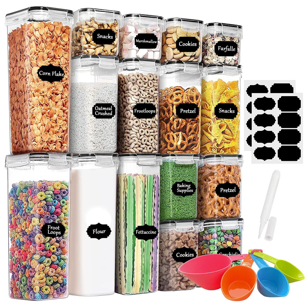 MASSUGAR 16-Piece Airtight Food Storage Containers Set - BPA-Free Plastic Canisters with Lids for Cereal, Flour, Sugar & Baking Supplies | Perfect for Kitchen Pantry Organization & Dry Food Storage | Ideal for Meal Prep, Bulk Food Storage & Home Organization