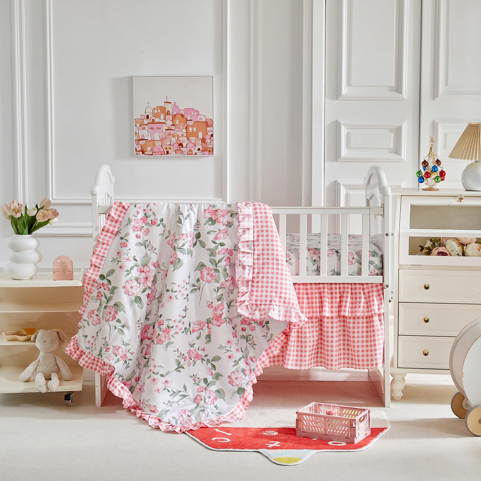 Floral Crib Bedding Set - White & Pink Ruffled Quilted Comforter with Fitted Sheet & Bed Skirt for Baby Girls Nursery | Shabby Chic Flower Design with Leaves | Perfect for Newborn, Infant & Toddler Bedrooms