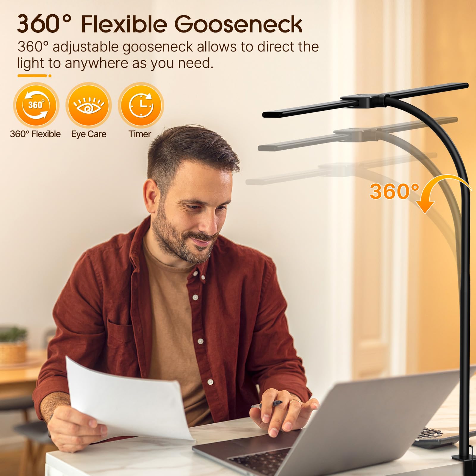 Syrinx Adjustable LED Desk Lamp with Clamp & Gesture Sensor - Dual Head Flexible Gooseneck Light for Home Office (50 Lighting Modes, Eye Protection) - Perfect for Reading, Studying & Computer Work
