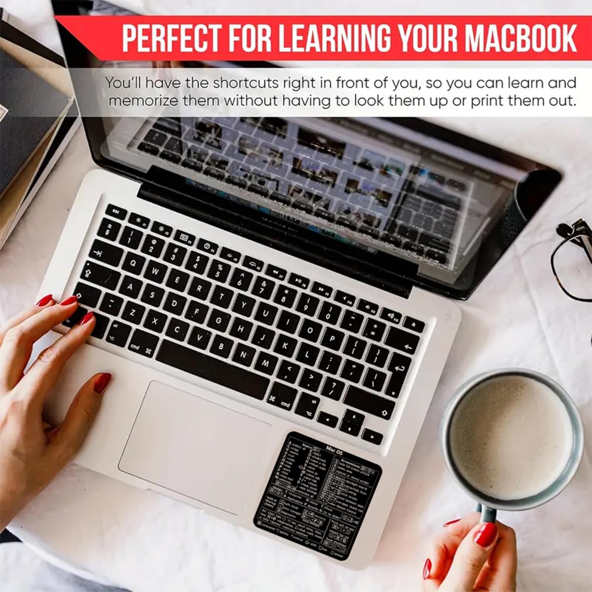Mac OS Keyboard Shortcut Stickers - No-Residue Laminated Vinyl for 13-16in MacBook Air/Pro (Black) | Improve Productivity for Coding, Design & Office Work