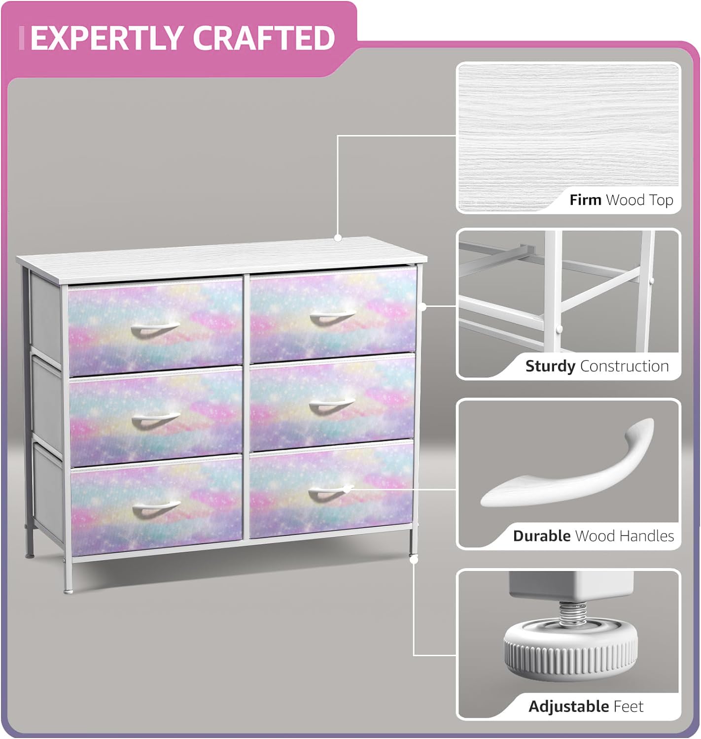 Sorbus 6-Drawer Kids Dresser with Wood Top & Tie-Dye Fabric Bins - Sturdy Steel Frame Storage Organizer for Bedroom, Nursery, Closet - Perfect for Clothes, Toys & Baby Essentials Organization