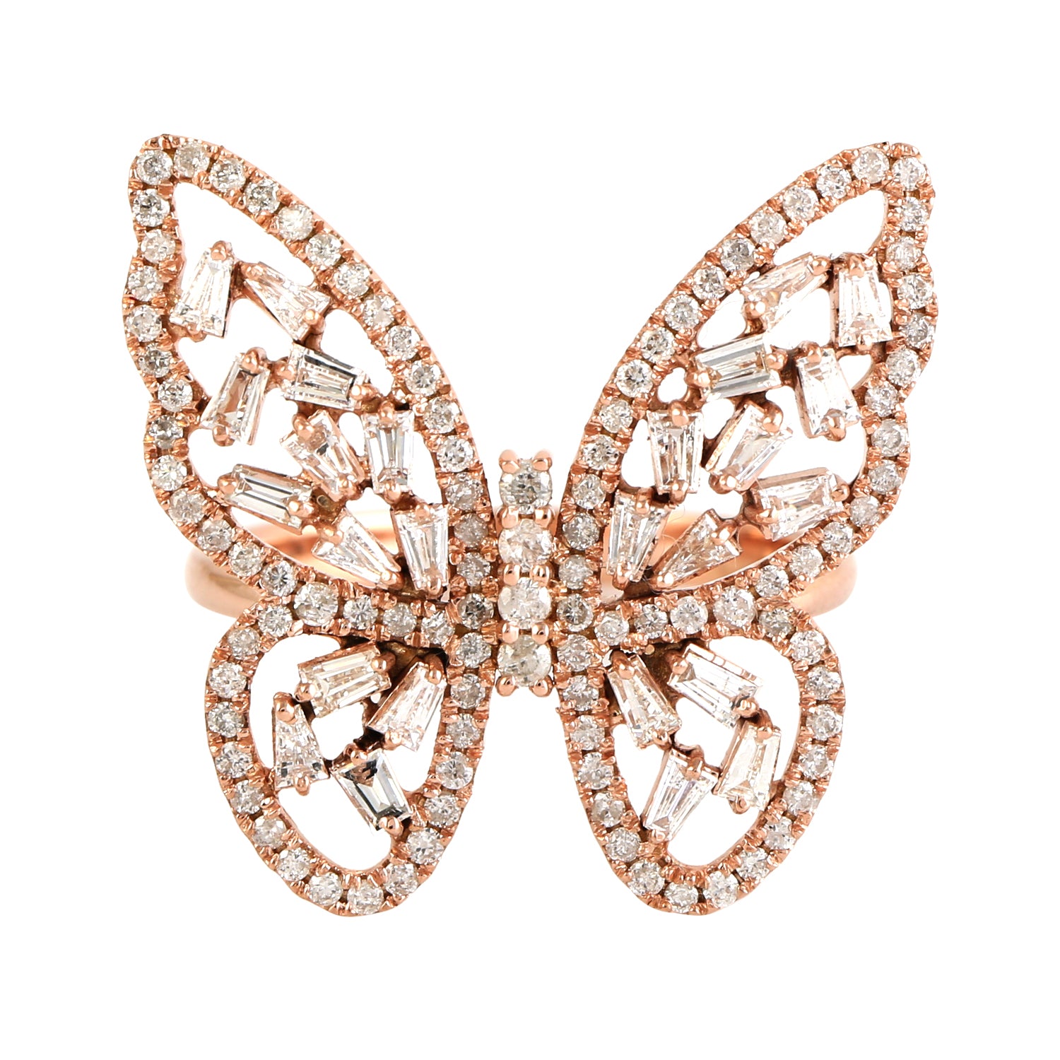 18K Rose Gold Baguette Cut Diamond Butterfly Ring - Elegant Jewelry Gift for Women, Perfect for Anniversaries, Engagements & Special Occasions
