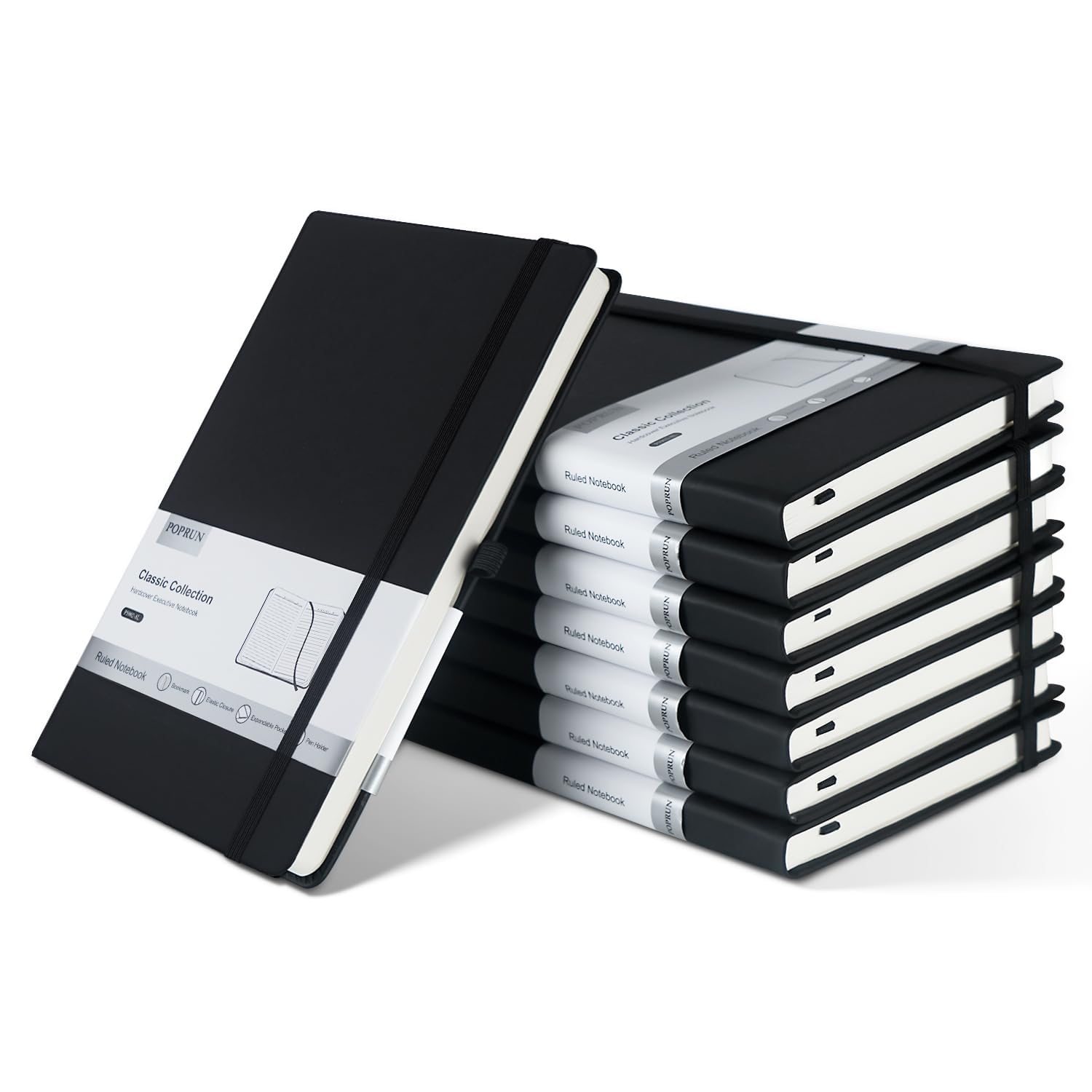 POPRUN 8 Pack Black Lined Journal Notebooks - A5 5.5 x 8.3 Inch Waterproof PU Leather Hardcover Notebook, 240 Pages College Ruled Writing Notepad for Business, School & Office Use - Perfect for Note Taking, Journaling & Daily Planning