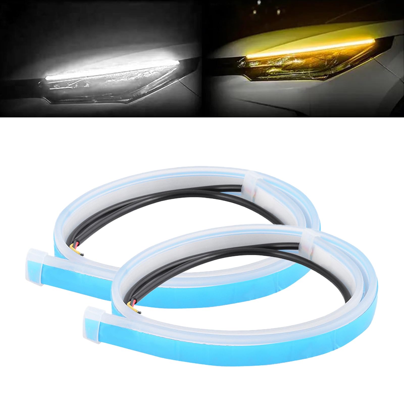 ZKFAR 2 Pack 12V 5W 144SMD Waterproof LED Light Strips for Cars - Ultra Thin 1.9Ft Silicone Daytime Running Lights with Adhesive, Sequential Turn Signal Lights (White & Yellow) - Perfect for Car Modifications, Accent Lighting & Vehicle Customization
