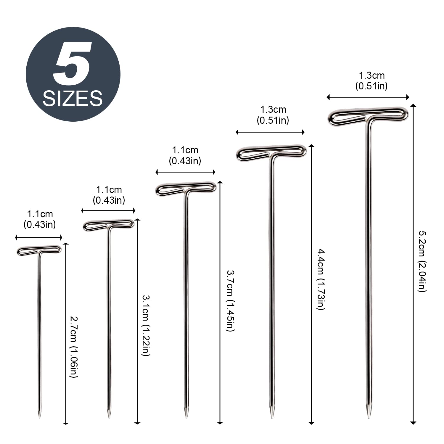 ARRITZ 260pcs T Pins for Wig Making - 5 Sizes (2inch, 1.7inch, 1.4inch, 1.3inch, 1inch) - Straight Sewing Pins for Crochet Blocking, Hat Making, Modeling & DIY Crafts - Perfect for Wig Styling, Fabric Pinning & Sewing Projects