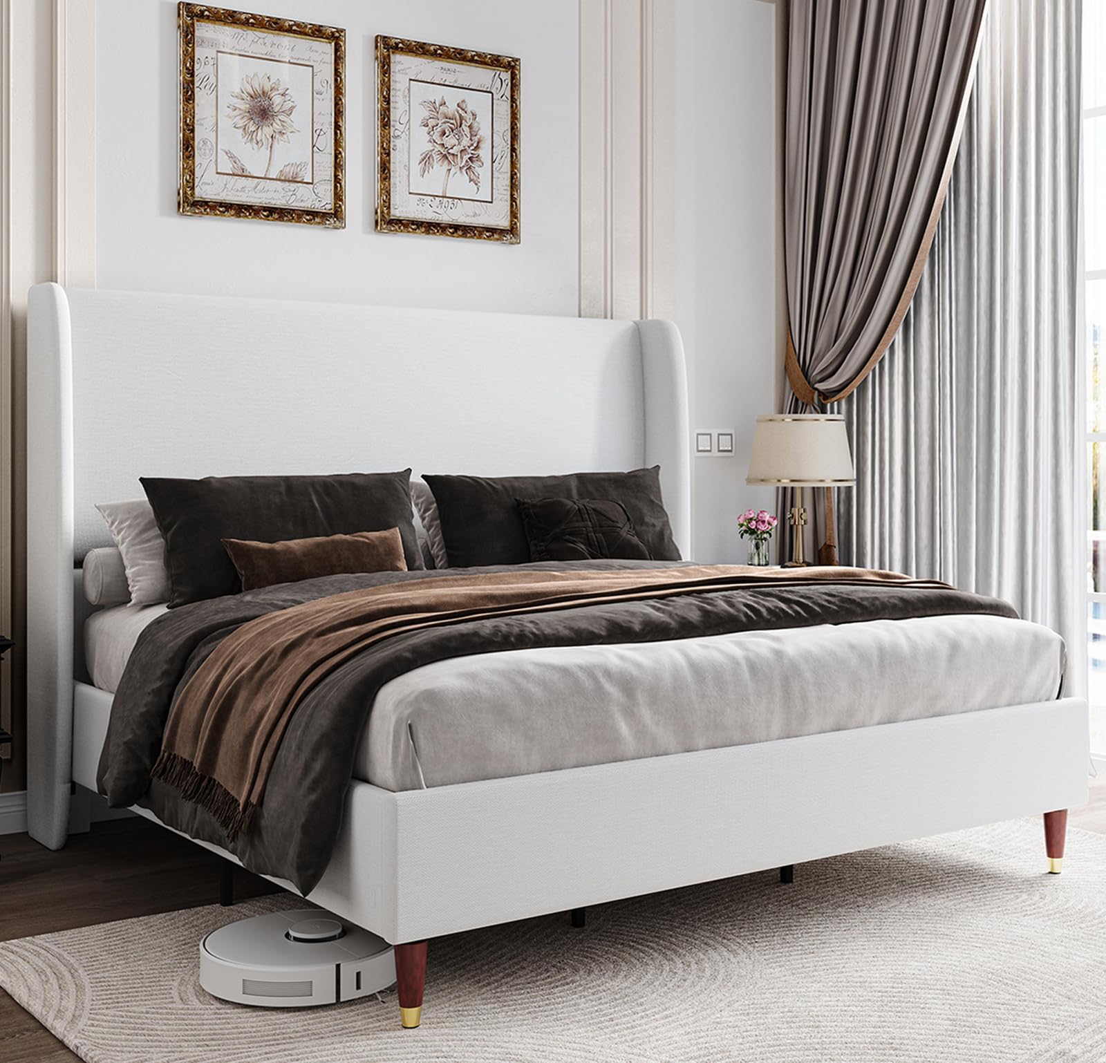 Jocisland King Size Upholstered Bed Frame with Wingback Headboard - Sturdy Wood Slat Support, No Box Spring Required, Easy Assembly, White - Perfect for Master Bedrooms & Guest Rooms