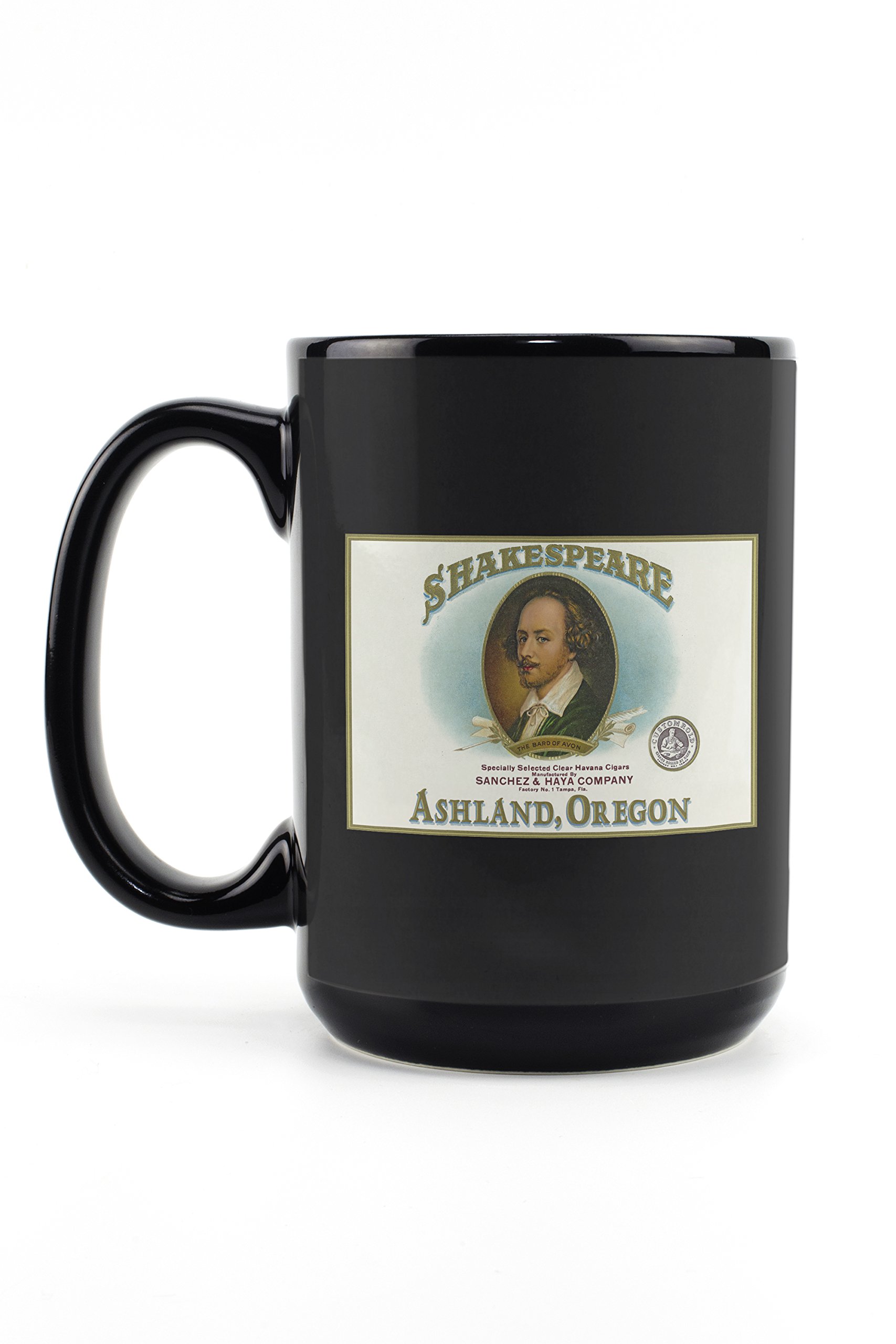 Lantern Press Ashland Oregon Shakespeare Cigar Box Label 15oz Black Ceramic Coffee Mug - Microwave & Dishwasher Safe - Perfect for Tea, Coffee & Hot Beverages at Home or Office